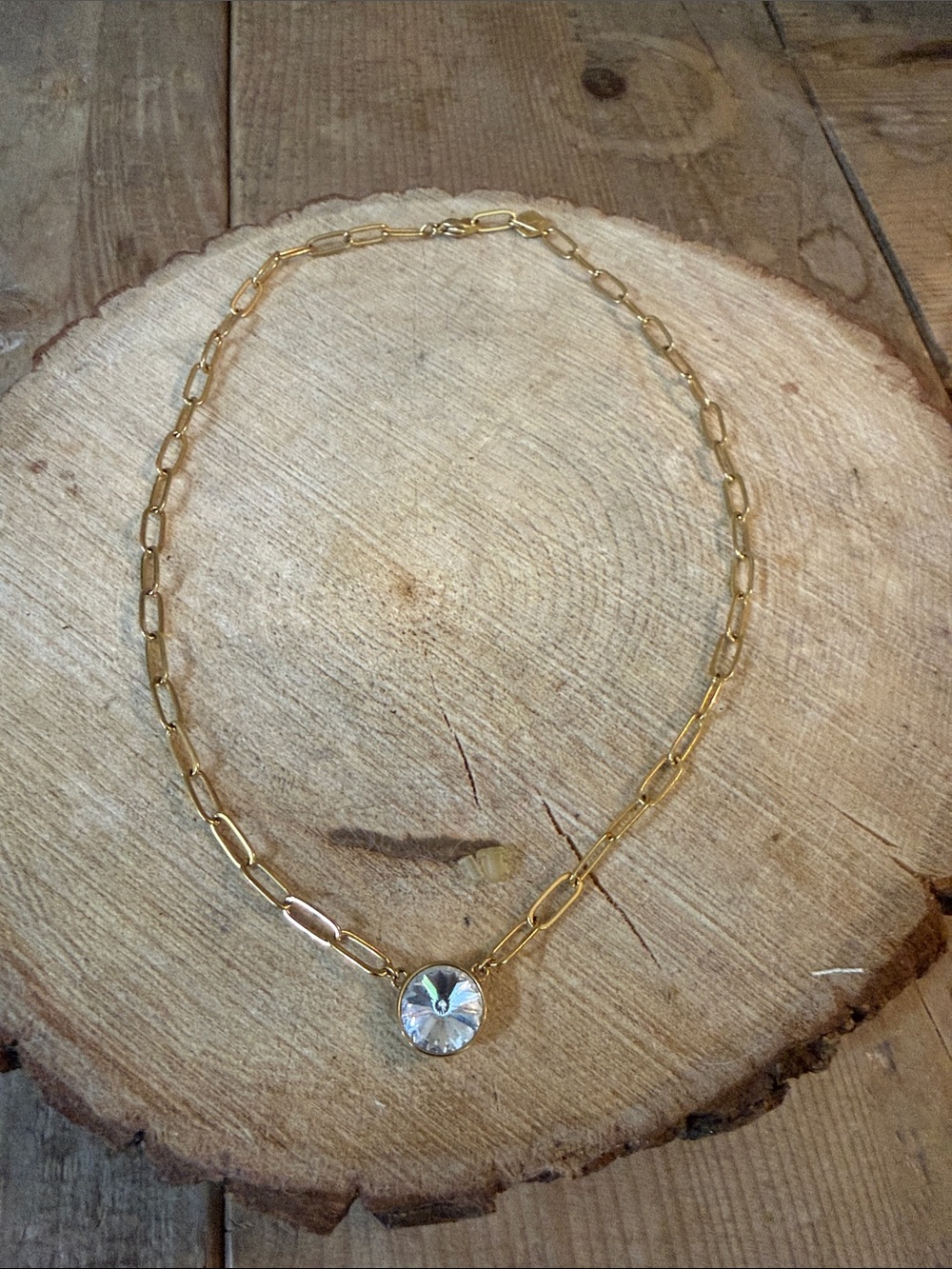Swarovski Gold Chain Necklace with Clear Crystal Disc Pendant